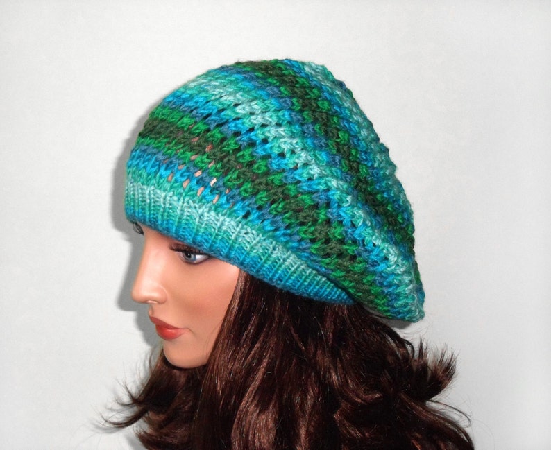 Hand Knitted Hat Hand Knit Slouchy Hat Knitted Slouchy Beanie Stylish Hat Slouchy Beret Shades of Green image 3
