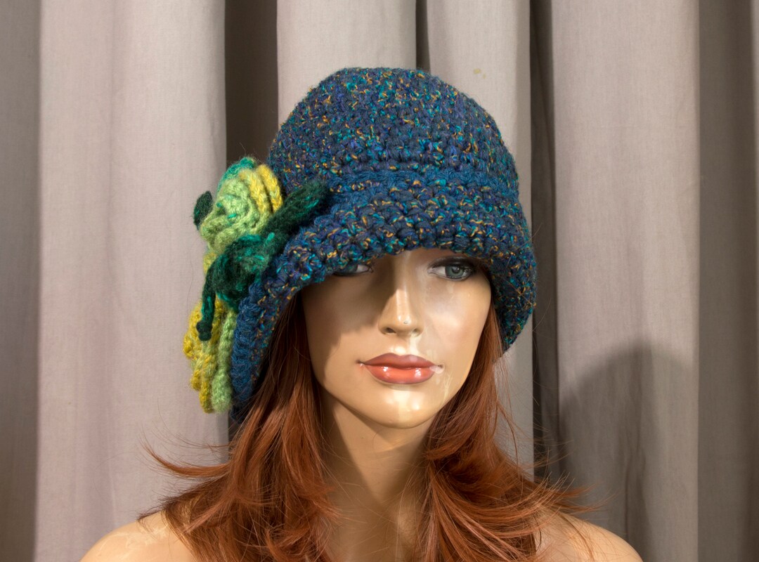 Crochet Cloche Hat With Crochet Flower - Blue and Green With  display picture 1