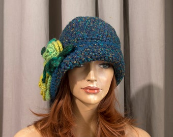 Crochet Cloche Hat with Crochet Flower - Blue and Green with Yellow Flower, Size M/L