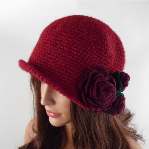 Crochet Cloche Hat with 3 Crochet Flowers - Red