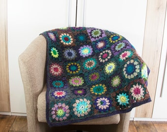Crochet Granny Square Blanket,Crochet Baby Blanket, Wool Blanket, Mohair Blanket, Lap Blanket,Throw - Dark Blue, Purple