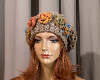 Crochet French Style Beret Hat, Chunky Winter Beret - Beige with Flowers, Size M/L