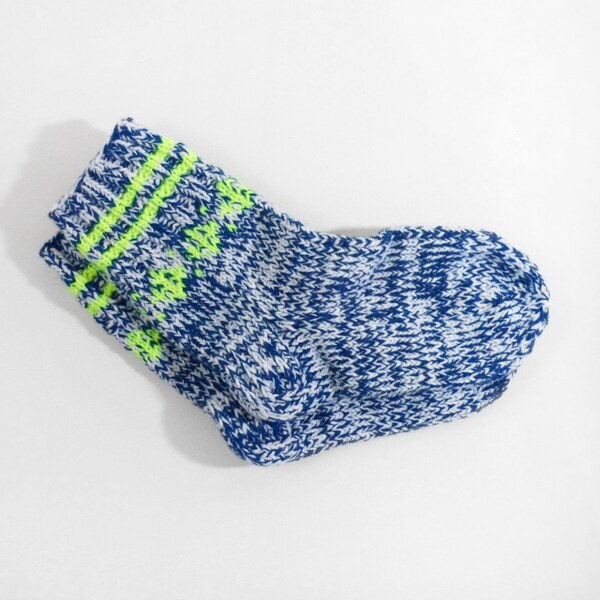 Hand Knitted Socks - White and Blue, Size Small
