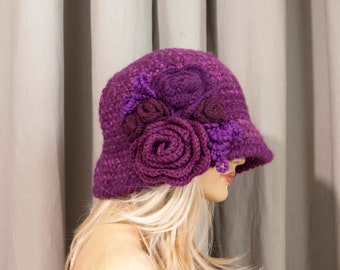 Crochet Cloche Hat with Crochet Flower - Purple, Size L