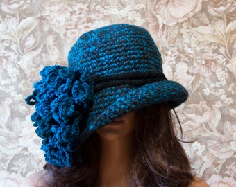 Crochet Cloche Hat with Large Flower - Blue, Size XL