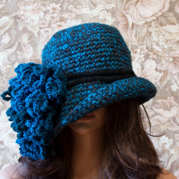 Crochet Cloche Hat with Large Flower - Blue, Size XL