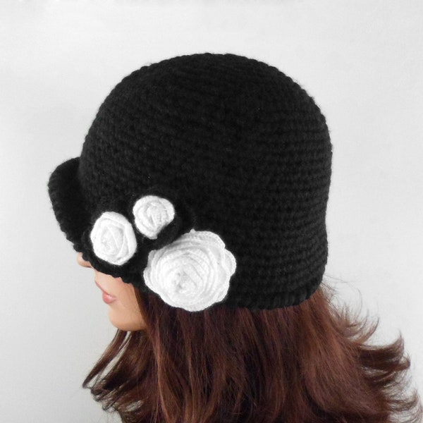Crochet Cloche Hat with Flower - Black
