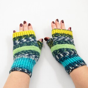 Hand Knitted Fingerless Mittens, Fingerless Gloves - Blue, Green and Yellow, Size Small
