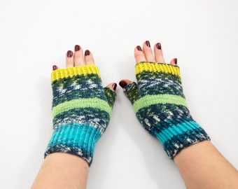 Hand Knitted Fingerless Mittens, Fingerless Gloves - Blue, Green and Yellow, Size Small