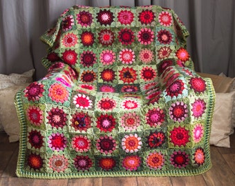 Crochet Granny Square Blanket, Handmade Blanket, Green with Red and Pink Flowers