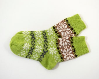 Knitted Wool Socks, Folk Pattern Socks - Light Green, Size Extra Large