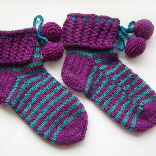 Hand Knitted Slipper Socks, Bed Socks , Night Socks, Wool Socks, Mohair Socks- Violet and Electric Green