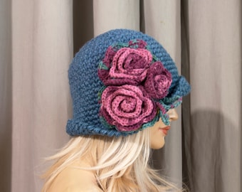 Crochet Cloche Hat with Crochet Flower - Blue with Pink Flower, Size M/L