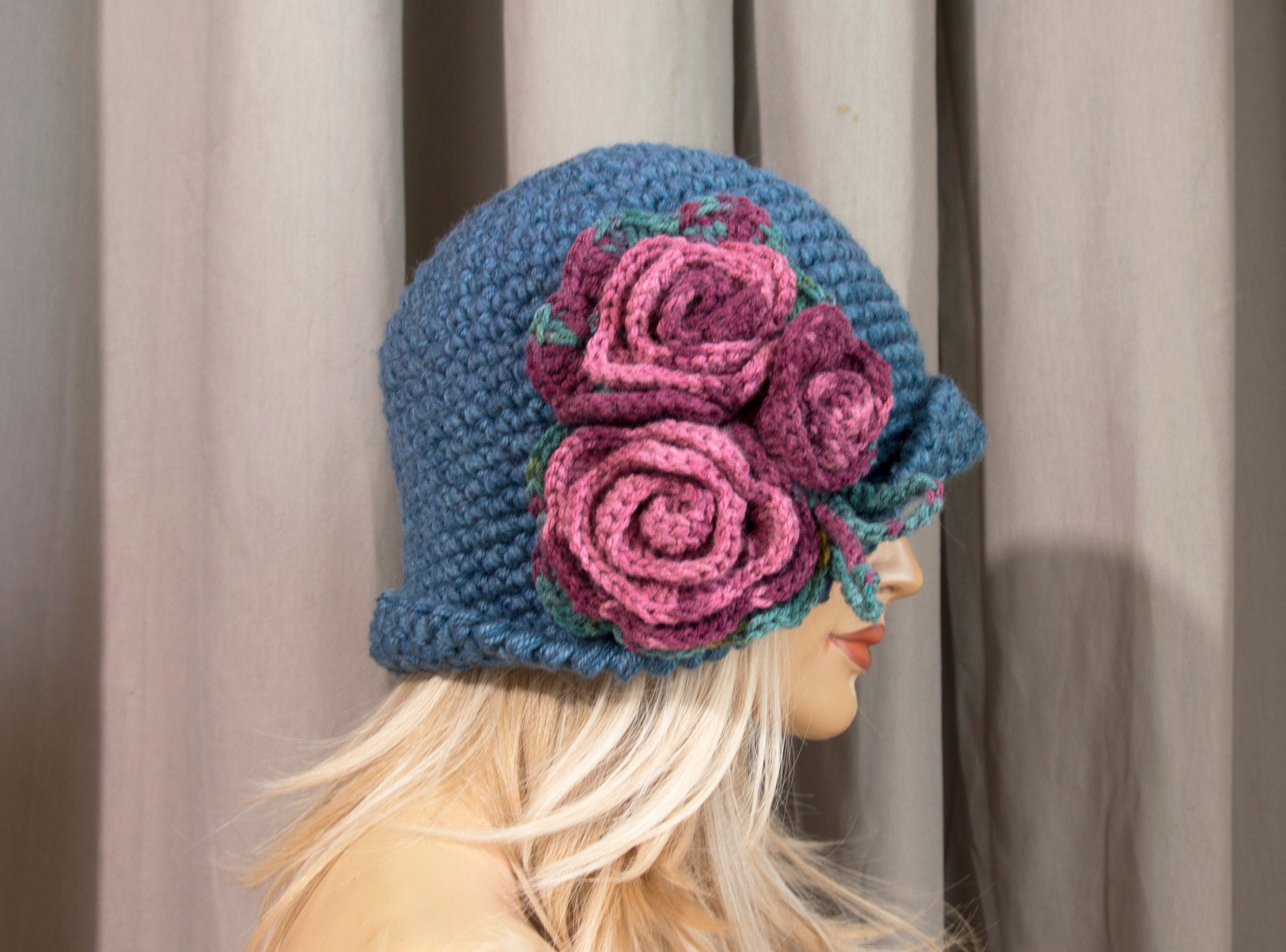 Crochet Cloche Hat With Crochet Flower - Blue With Pink 