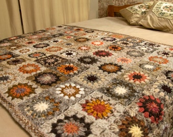 Crochet Granny Square Blanket, Handmade Blanket, Knit Bed Spread, Home Warming Gift, Brown and Beige with Flowers