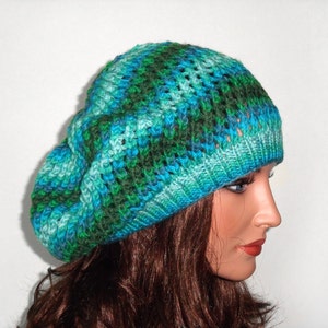 Hand Knitted Hat Hand Knit Slouchy Hat Knitted Slouchy Beanie Stylish Hat Slouchy Beret Shades of Green image 1