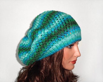 Hand Knitted Hat Hand Knit Slouchy Hat Knitted Slouchy Beanie Stylish Hat Slouchy Beret- Shades of Green