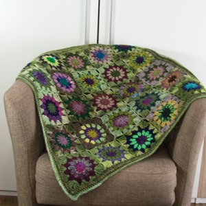 Crochet Granny Square Blanket,Crochet Baby Blanket, Wool Blanket, Mohair Blanket, Lap Blanket,Throw Green with Multi Colors Flowers image 1