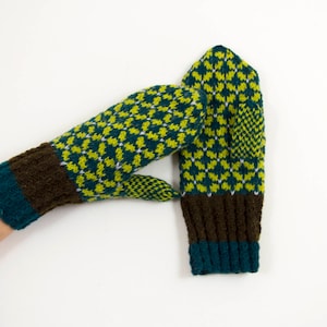 Hand Knitted Mittens, Latvian Mittens, Nordic Mittens, Wool Mittens - Teal, Brown and Green, Size Large