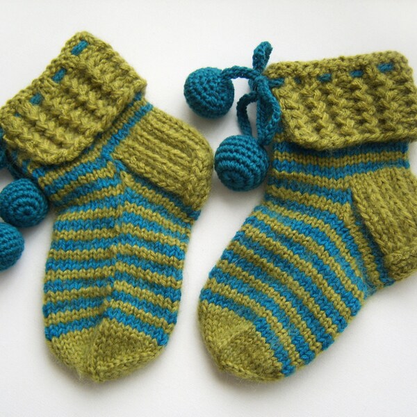 Hand Knitted Slipper Socks, Bed Socks, Night Socks, Wool Socks, Mohair Socks, Winter Accessories - Green and Electric Blue