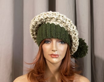 Crochet French Style Beret Hat, Chunky Winter Beret - Green, Ivory with Large Green Pom-pom, Size M/L