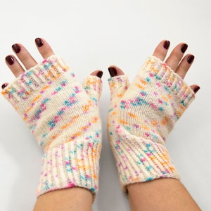Hand Knitted Fingerless Mittens, Fingerless Gloves - White, Blue, Pink and Yellow, Size Large