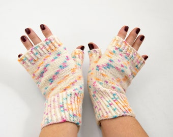 Hand Knitted Fingerless Mittens, Fingerless Gloves - White, Blue, Pink and Yellow, Size Large