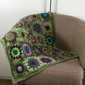 Crochet Granny Square Blanket,Crochet Baby Blanket, Wool Blanket, Mohair Blanket, Lap Blanket,Throw Green with Multi Colors Flowers image 2