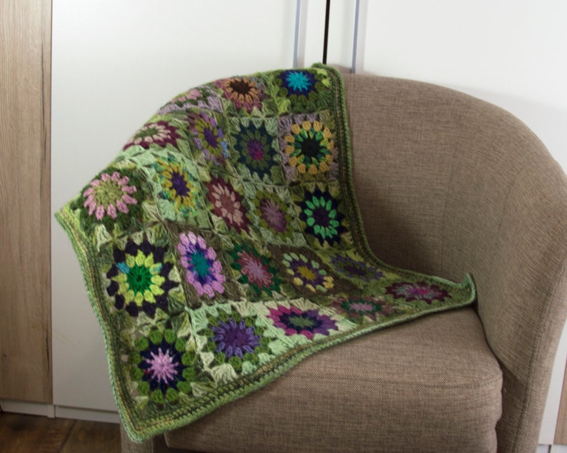 Crochet Granny Square Blanket,Crochet Baby Blanket, Wool Blanket, Mohair Blanket, Lap Blanket,Throw Green with Multi Colors Flowers image 2