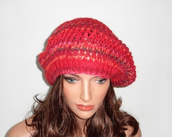 Hand Knitted Slouchy Hat - Red