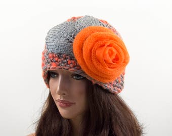 Crochet Beanie Hat with Large Flower, Crochet Cloche Hat - Orange and Gray, Size L