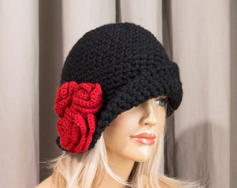 Crochet Cloche Hat with Crochet Flower - Black with Red Flower, Size M/L