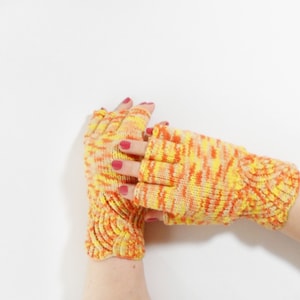 Hand Knitted Fingerless Gloves - Yellow, Orange, Size Medium