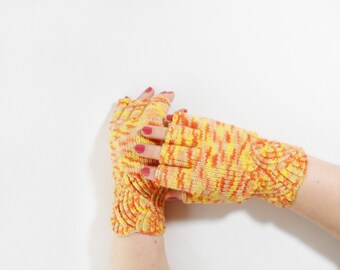 Hand Knitted Fingerless Gloves - Yellow, Orange, Size Medium