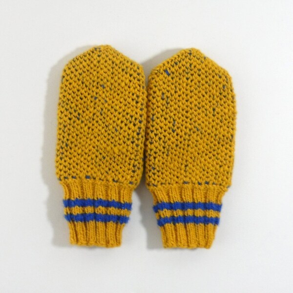 Hand Knitted Mittens - Yellow and Blue, Size Small
