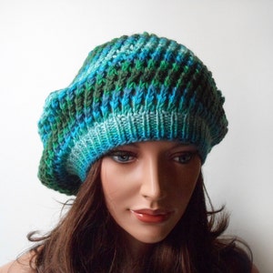 Hand Knitted Hat Hand Knit Slouchy Hat Knitted Slouchy Beanie Stylish Hat Slouchy Beret Shades of Green image 2
