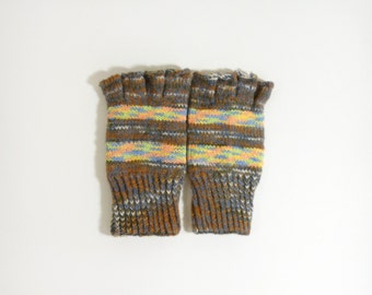 Hand Knitted Fingerless Gloves - Brown and Gray, Size Medium