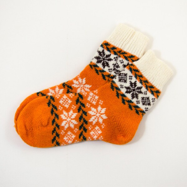 Knitted Wool Socks, Folk Pattern Socks - Orange, Size Large