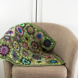 Crochet Granny Square Blanket,Crochet Baby Blanket, Wool Blanket, Mohair Blanket, Lap Blanket,Throw Green with Multi Colors Flowers image 3