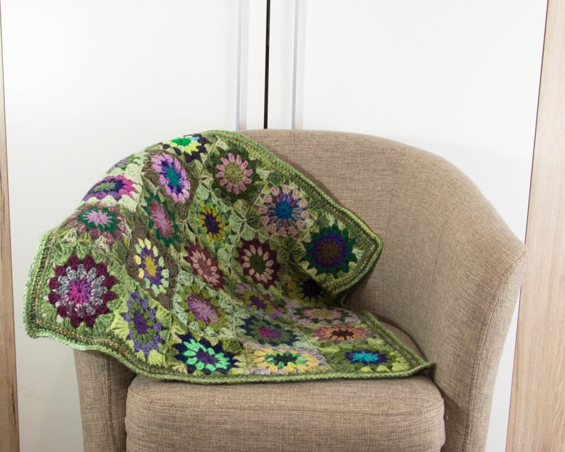 Crochet Granny Square Blanket,Crochet Baby Blanket, Wool Blanket, Mohair Blanket, Lap Blanket,Throw Green with Multi Colors Flowers image 3