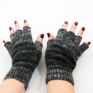 Hand Knitted Fingerless Gloves Unisex Gloves - Gray and Black, Size Large