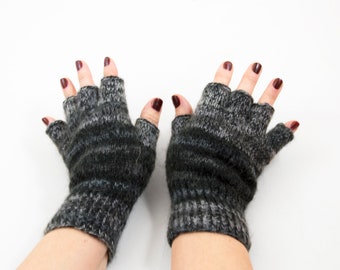 Hand Knitted Fingerless Gloves Unisex Gloves - Gray and Black, Size Large