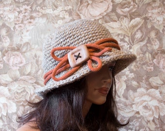 Crochet Cloche Hat with Large Wood Button - Beige, Brown Size L