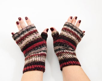 Hand Knitted Fingerless Mittens, Fingerless Gloves - Gray, Red and Black, Size Large