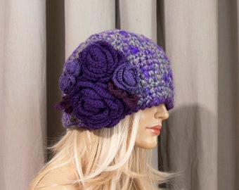 Crochet Beanie Hat with Flowers - Violet, Lilac, Size L