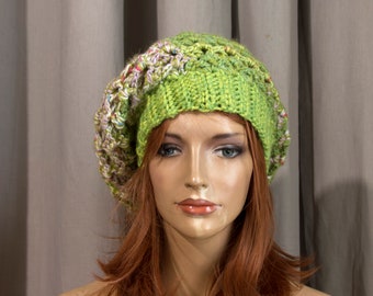 Crochet French Style Beret Hat, Chunky Winter Beret - Green White Lilac, Size M/L