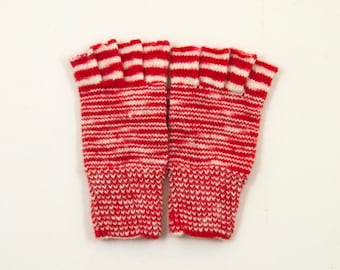 Hand Knitted Fingerless Gloves - Red and White, Size Small