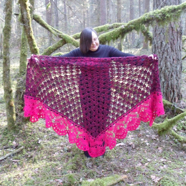 Crochet Shawl, Handmade Triangle Shawl,Merino Wool, Mohair Shawl,Gift for Her, Mothers Day Gift, Wrap,Shawl Coat,Blanket, Pink and Black