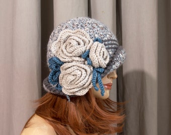 Crochet Cloche Hat with Crochet Flower, Gray and Blue - Size S