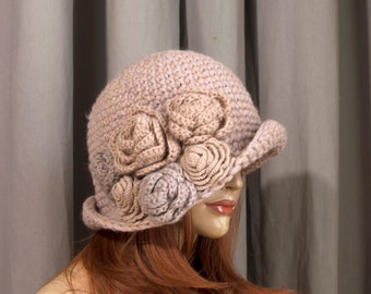 Crochet Cloche Hat with Crochet Flower - Size XL